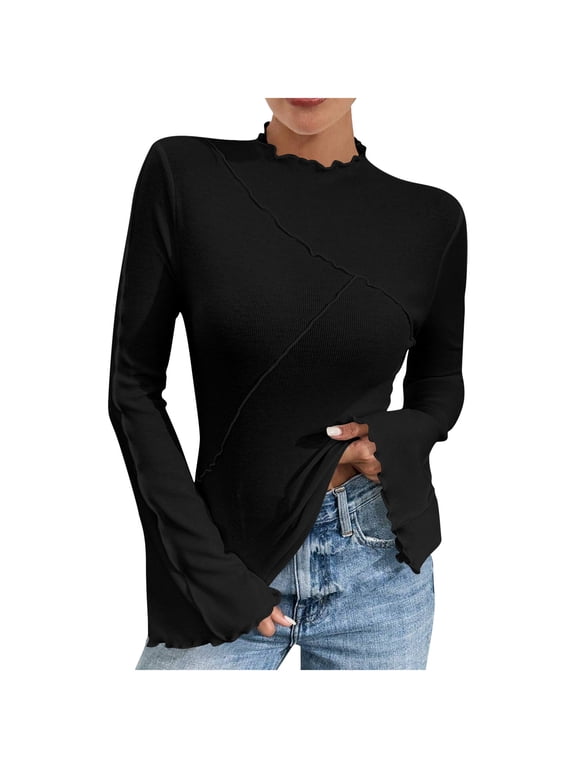 Women's Casual Shirts Ruffled Mock Neck Flared Long Sleeves Blouses Lightweight Slim Fashionable Tops