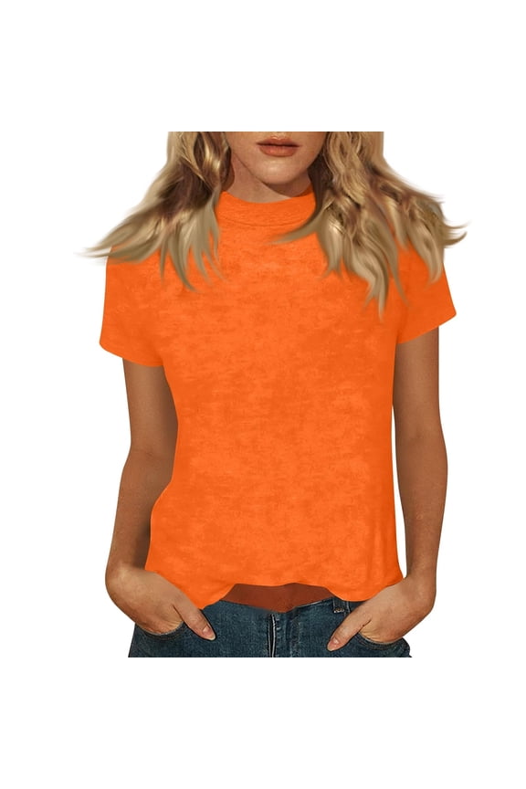 Women's Mock Neck Short Sleeve Tshirt Solid Color Lounge Shirts Summer Casual Fashion Loose Pullover Top