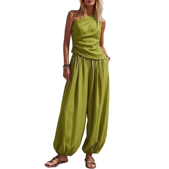 Khunlpohl Womens 2 Piece Sets One Shoulder Sleeveless Pleated Tops and Elastic Waisted Tapered Loose Pants Fashion Casual Beach Vacation Set