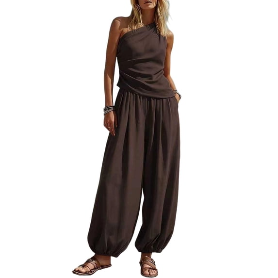 Khunlpohl Womens 2 Piece Sets One Shoulder Sleeveless Pleated Tops and Elastic Waisted Tapered Loose Pants Fashion Casual Beach Vacation Set