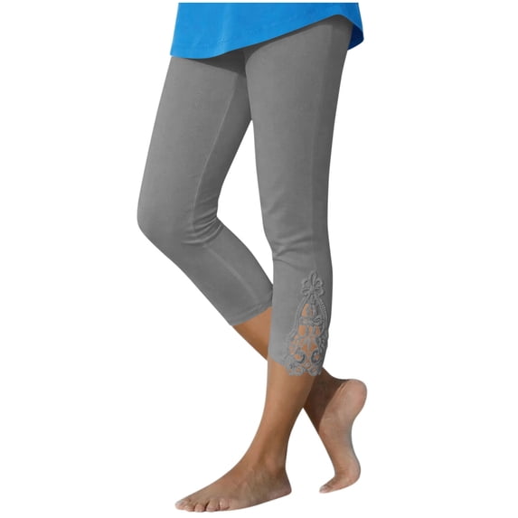 Khunlpohl Womens Capris Pants Elastic Waist Lace Casual Leggings Bottoms Fashion Solid Color Capri Pant