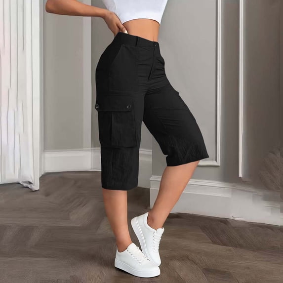 Khunlpohl Womens Cargo Capris Knee Length Loose High Waist Summer Casual Hiking Travel Baggy Capri Pants with Pockets