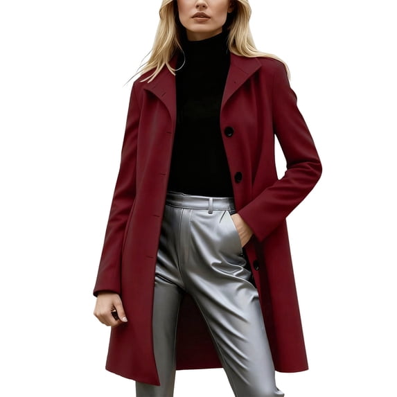 Khunlpohl Womens Casual Coats Button down Collared Slim Fashion Long Jacket Solid Color Warm Outwear with Pockets