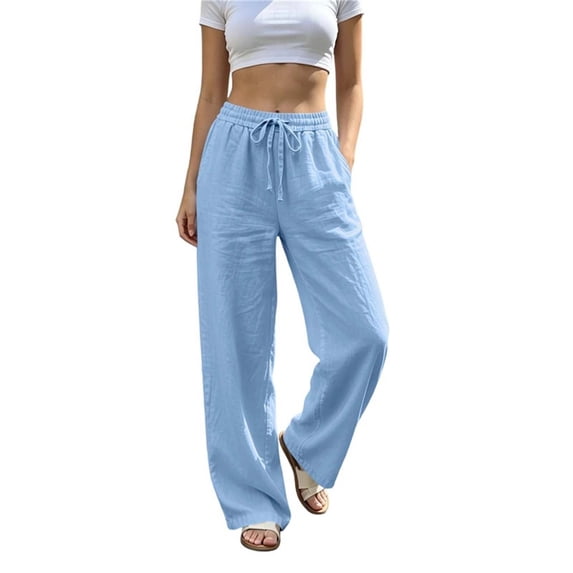 Khunlpohl Womens Casual Long Pants Straight Leg Loose Elastic Waist Drawstring Pant Plain Trousers with Pockets