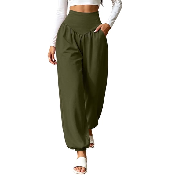 Khunlpohl Womens Casual Sports Pants Elastic High Waist Yoga Workout Joggers Pant Plain Loose Trousers with Pockets