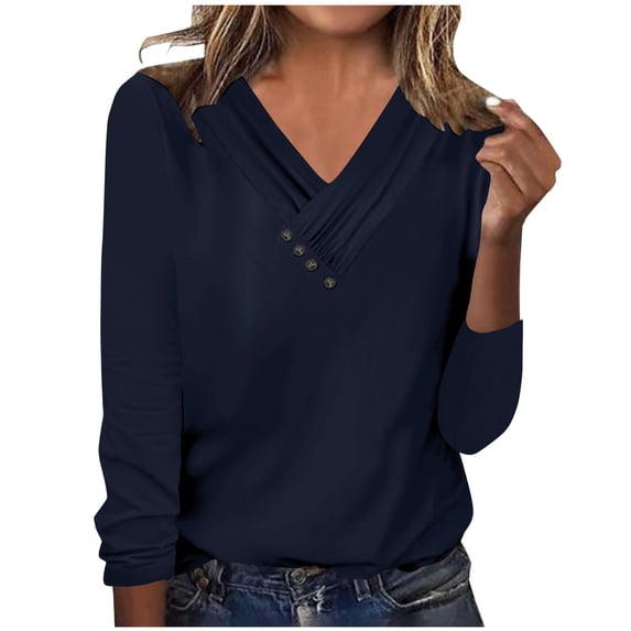 Khunlpohl Womens Casual Tops Button V Neck Pullover Blouses Fashion Loose Long Sleeve Plain Lightweight Shirts