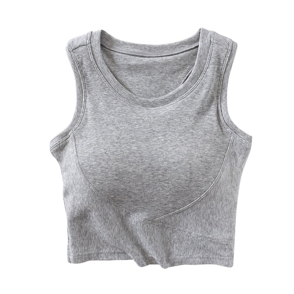 Khunlpohl Womens Crop Tanks with Bra Sleeveless Slim Tops Solid Color Casual Yoga Running Workout Tee Shirts