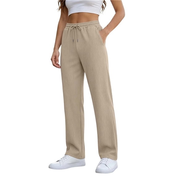 Khunlpohl Womens Straight Legs Pants Elastic Waist Drawstring Casual Trousers Solid Color Loose Pant with Pockets