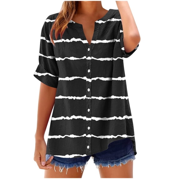 Khunlpohl Womens Striped Tops Cotton Linen Short Sleeve Baggy Top Button down Casual V Neck Blouse Shirts