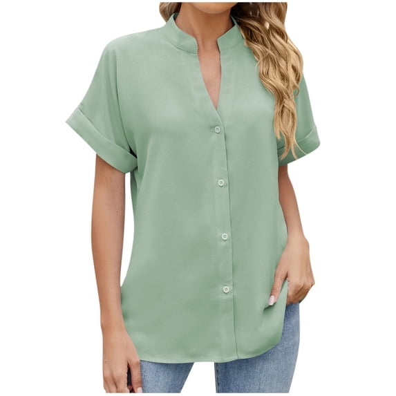Khunlpohl Womens V Neck Tops for Women Button down Cap Short Sleeve Shirts Summer Loose Lightweight Tshirt