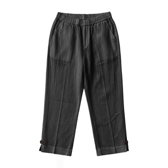 Khunlpohl 3-14 Years Girl's Cotton Linen Capri Pant Elastic Waisted Button Capris Pants Solid Color Baggy Casual Soft Trousers