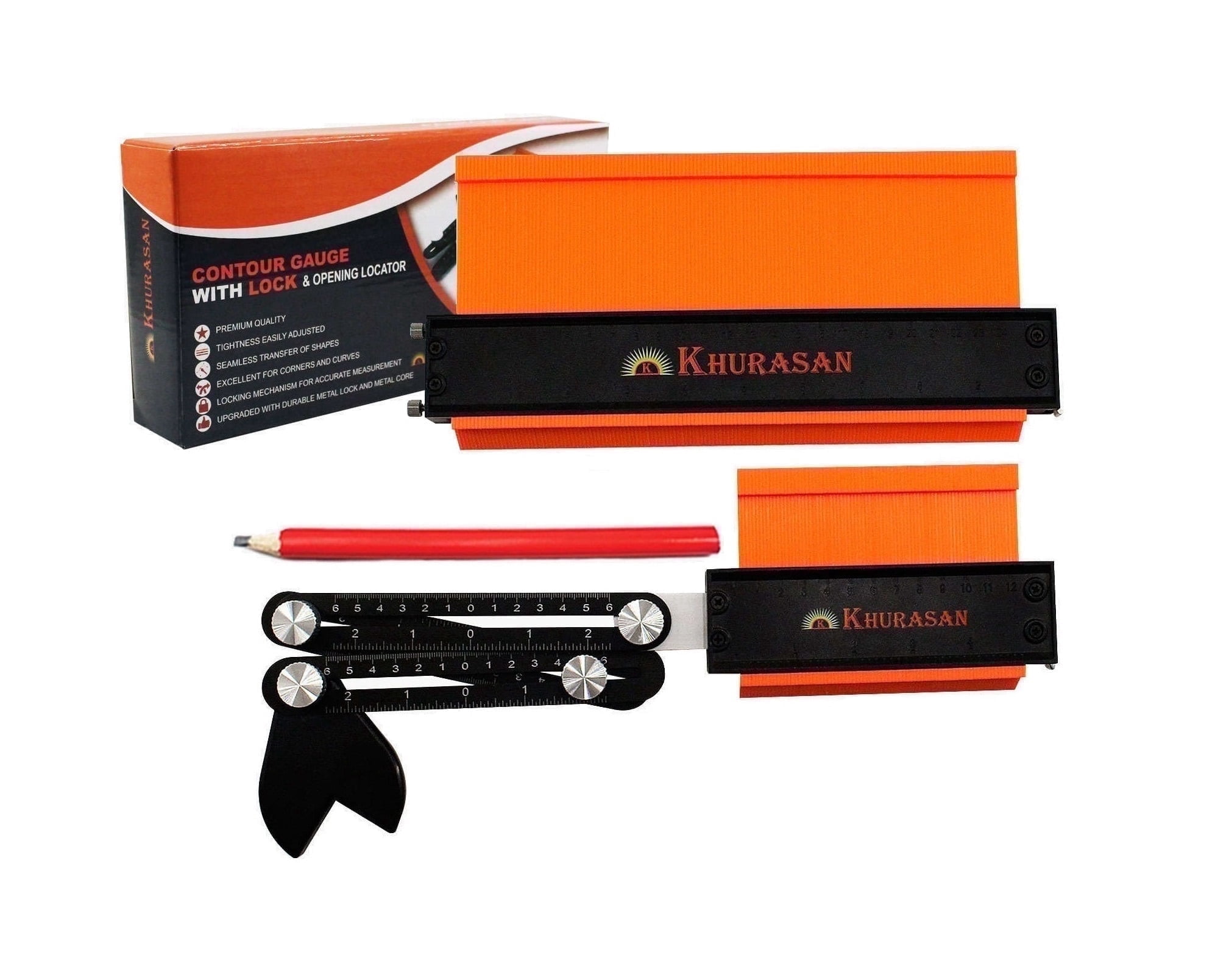 Khurasan 10" and 5" Contour Gauge Tool Set with Lock, Adjustable Screws, 3-Fold Angle Ruler and Pencil - 2 Pack