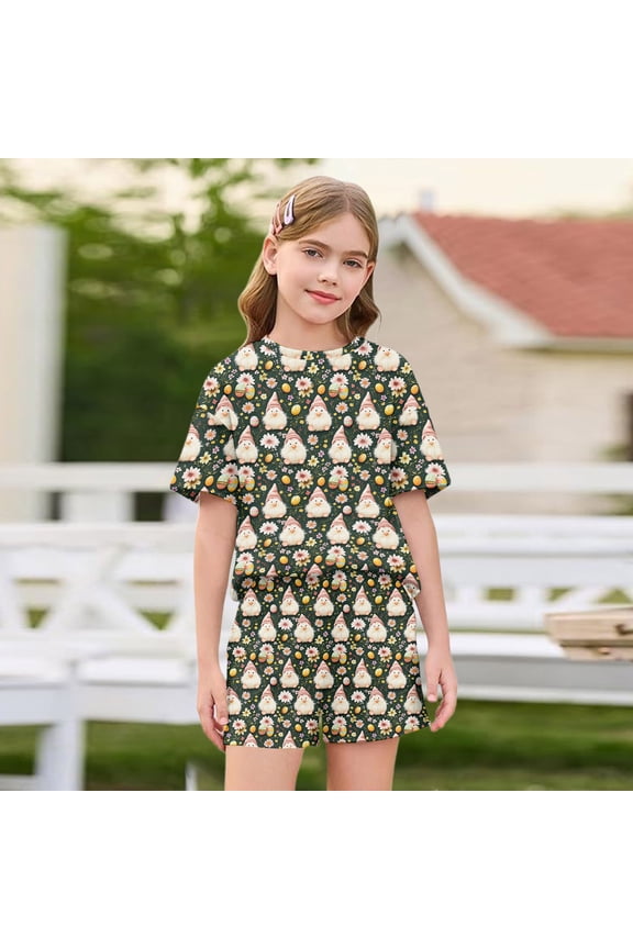 Ki Ds Matching Pajama Set, Ki Ds Summer Matching Pj Set, Summer Matching Pj Set Ki Ds, Casual Easter Print Short Set Breathable Lightweight Summer Two Piece Apparel, Army Green 2-3Y