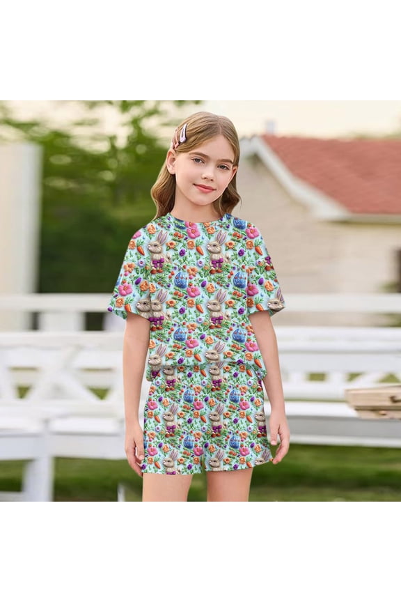 Ki Ds Summer Matching Pj Set, Ki Ds Pajama Sets, Summer Matching Pj Set Ki Ds, Ki Ds Matching Pajama Set, Trendy Easter Graphic Short Sleeve Shorts 2pcs Set Daily Summer Casual Wear, Blue 2-3Y