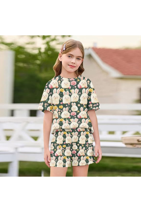 Ki Ds Summer Matching Pj Set, Summer Matching Pj Set Ki Ds, Summer Matching Pajama Set for Ki Ds, Easter Printed Short Sleeve Shorts Two Piece Set Casual Summer Breathable Outfit, Army Green 2-3Y
