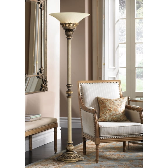 Kathy Ireland Timeless Elegance Traditional 71" Tall Standing Floor Lamp Torchiere Metal Wood Finish Office Glass Beige Shade