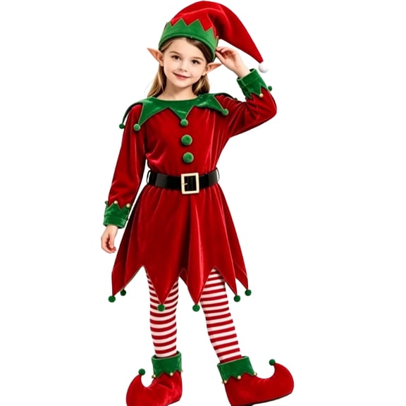 Ki'ds Christmas Elf Costume Set, Holiday Elf Outfit with Hat, Ears, Belt, Socks and Shoes, Velvet Elf Suit for Halloween Cosplay, Christmas Party, Stage Performance Fancy Dress Up