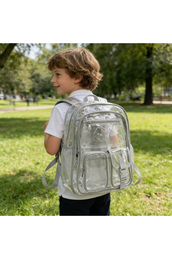 Ki-ds Clear Mini Backpack Transparent Smoky Black Waterproof Sch-ool Bag with Mesh Side Pockets Stadium Approved