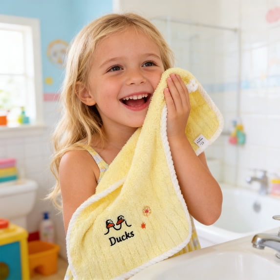 Ki-ds Towels 100% Cotton - Thick & Absorbent Ba-by & Tod-dler Hair Drying Towel, Soft Face and Hand Towel with Cute Animal Designs, 19.7x9.8 Inches, Yellow