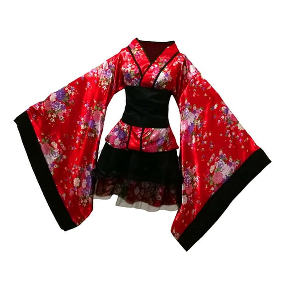 KiBcsLic Japanese Floral Short Kimono Robe Blossom Bathrobe Cosplay Fancy Dress for Theme M