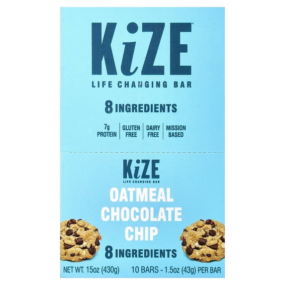 KiZE Energy Bar, Oatmeal Chocolate Chip, 8 Clean & Simple Real Food Ingredients, 7g Protein, Gluten Free, Non-GMO, Soy Free, Mission Based, High Protein Snacks (10 Count)