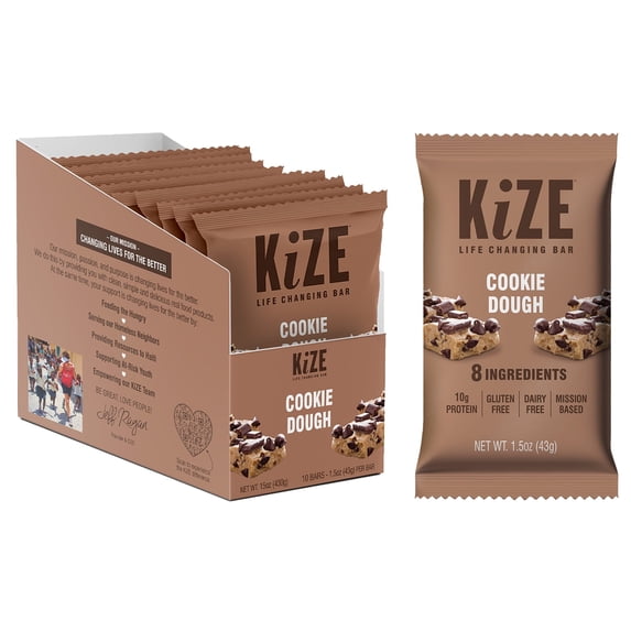 KiZE Life Changing Bar, Cookie Dough, Protein Bar, 8 ingredients, Dairy Free, 1.5oz Bar (10pk)