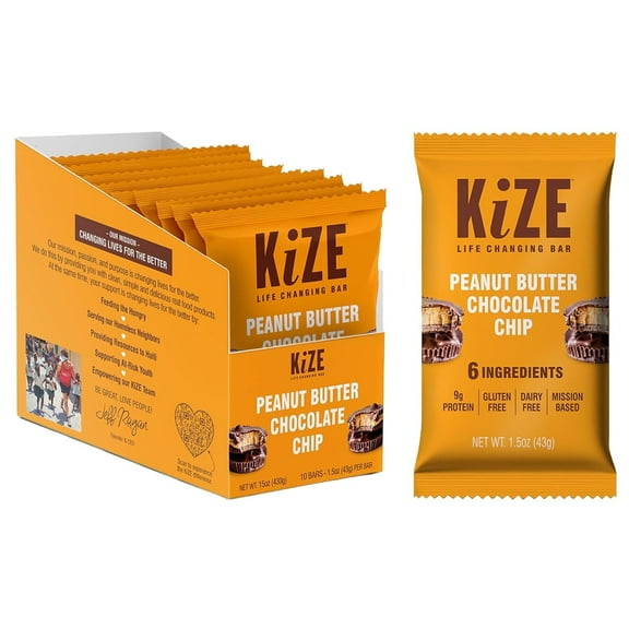 KiZE Life Changing Bar, Peanut Butter Chocolate Chip, 6 ingredients, Dairy Free, Gluten Free, 1.5oz Bar (10 count)