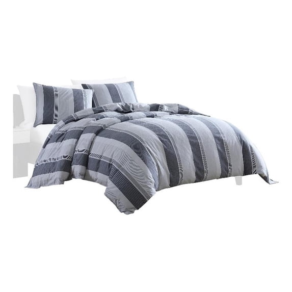 Benjara Kia 2 Piece Twin Comforter Set- Yarn Dyed Cotton- Gray Vertical Stripes
