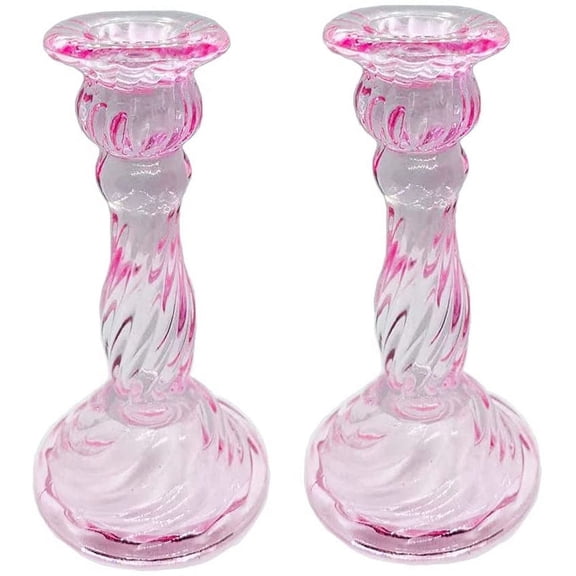 KiaoTime Pink Glass Candle Holders Set- Clear Glass Taper Candlesticks Candlholders Candelabras for Fancy Table Decor Wedding Celebration Centerpiece Taper Candles Holder 6.4" Tall, Pack 2