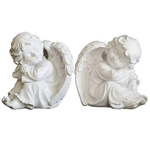 KiaoTime Set of 2 Resin Adorable Cherubs Angels Statues Figurine Guardian Sleeping Angel Garden Wings Angel Sculpture Cute Little Angel Collection Angel Memorial Statue