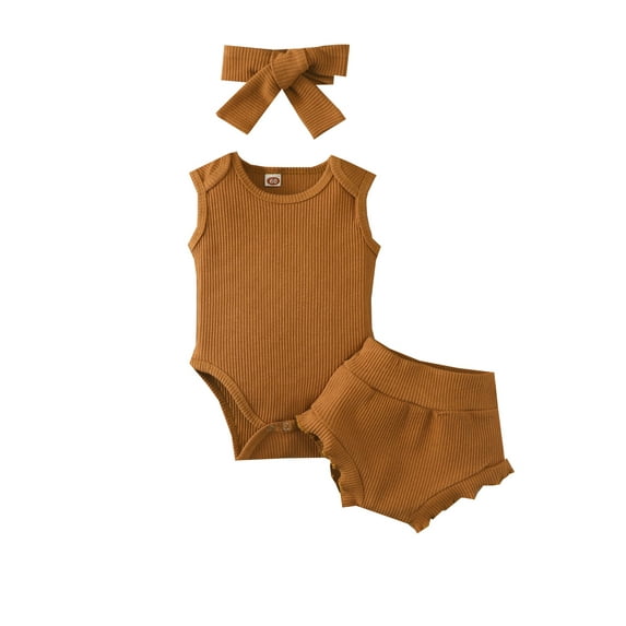 Kiapeise 0-24 Months Baby Girls Summer Outfit 3Pcs Solid Color Sleeveless Romper + Elastic Waist Shorts + Hairband Clothes Set