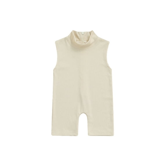 Kiapeise 0-5 Years Toddler Kid Baby Girl Cotton Romper Summer Plain Turtleneck Sleeveless Short Jumpsuit Overall Ribbed Zipper One-Piece Clothes