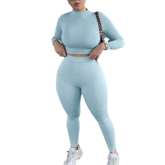 Kiapeise 2-Pcs Women´s Long Sleeve Sportswear, Solid Color Elastic Crop Top, Tight-fitting Long Pant Outfit Set