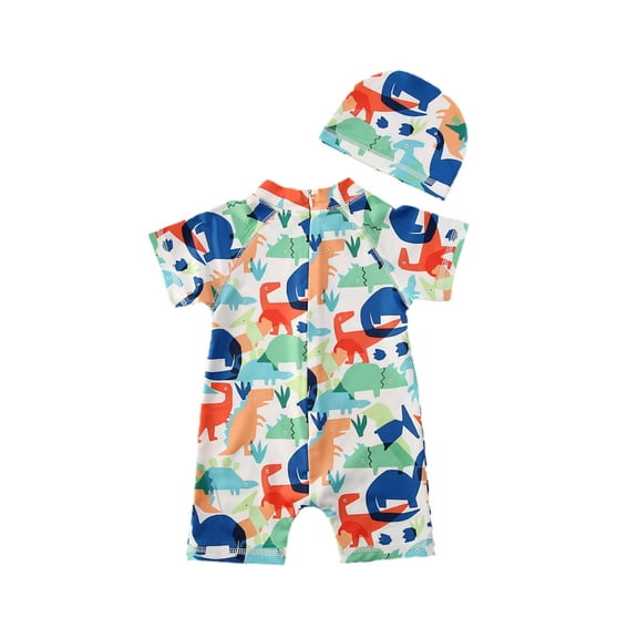 Kiapeise 2Pcs Kids Boy Short Sleeve Swimming Suits Dinosaur Printed Swimwear Beach Hat 1-6 Y