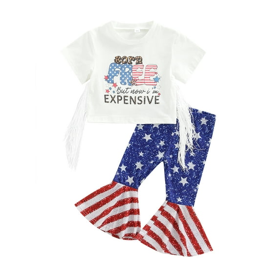 Kiapeise 4th of July Toddler Baby Girls Outfit Sets Short Sleeve Tassel T-Shirt Top + Flare Bell-Bottom Pants USA Flag Stars Stripes 2PCS Independence Day Clothes Set