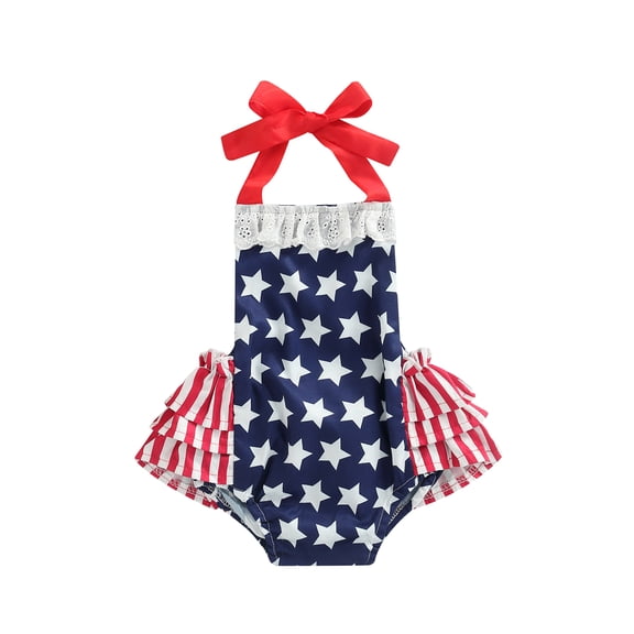 Kiapeise 4th of July Baby Girl Romper Dress Independence Day Stars Stripe Print Sleeveless Halter Strap Square Neck Lace Panel Jumpsuit