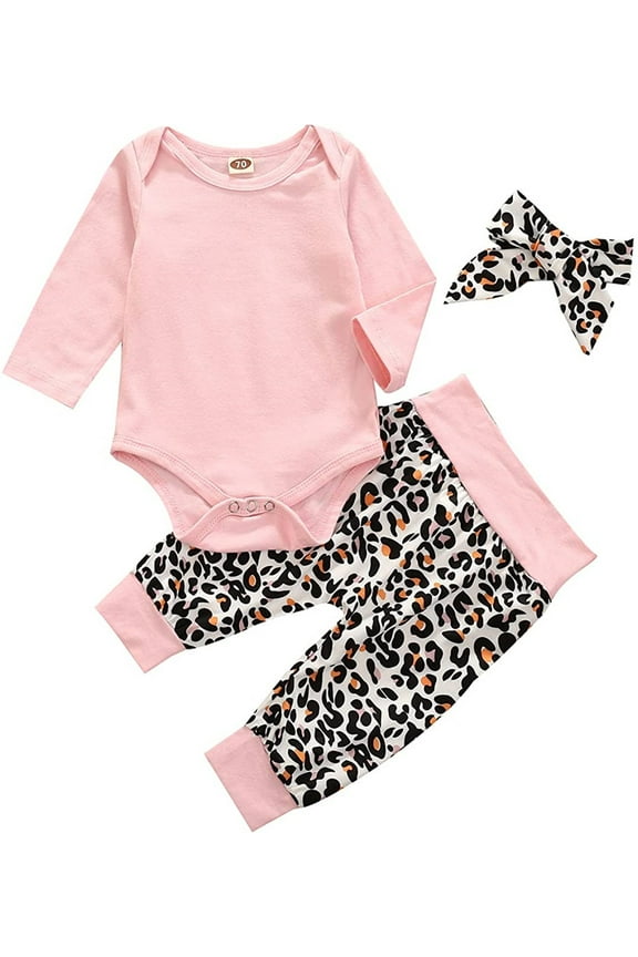 Autumn Winter Baby Girl’s Long Sleeve Jumpsuit and Leopard Long Pants with Headscarf