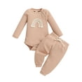 thumbnail image 1 of Kiapeise Baby Boy Girl Ribbed Outfit Long Sleeve Rainbow Romper Solid Elastic Waist Trousers, 1 of 9