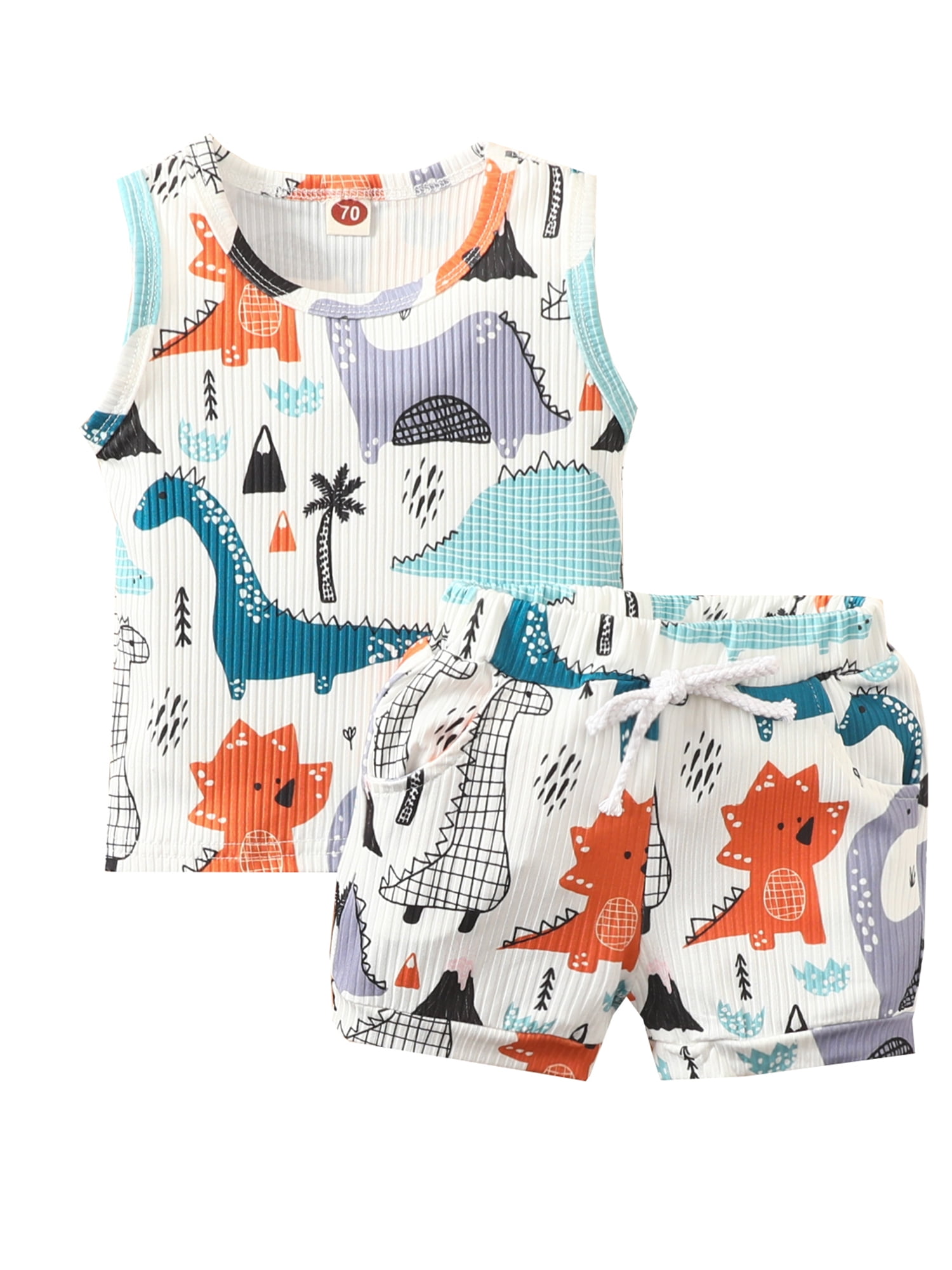 Kiapeise Baby Boy Summer Clothes 3 6 12 18 24 Months 3T Dinosaur Print Ribbed Cotton Vest Tank Tops+Shorts