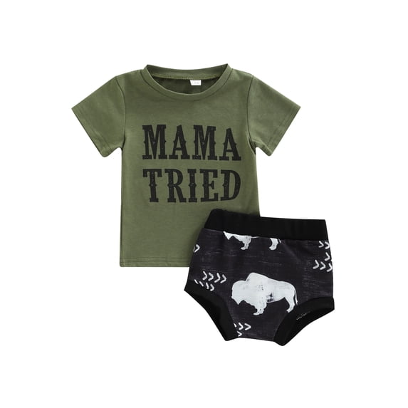 Kiapeise Baby Boys Summer 2Pcs Outfit Sets Green Short Sleeve Letter Print T-shirt Tops + Animal Print Shorts