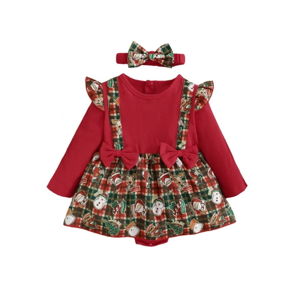 Kiapeise Baby Girl Christmas Clothes Long Sleeve Plaid Romper Dress with Headband Xmas Outfit