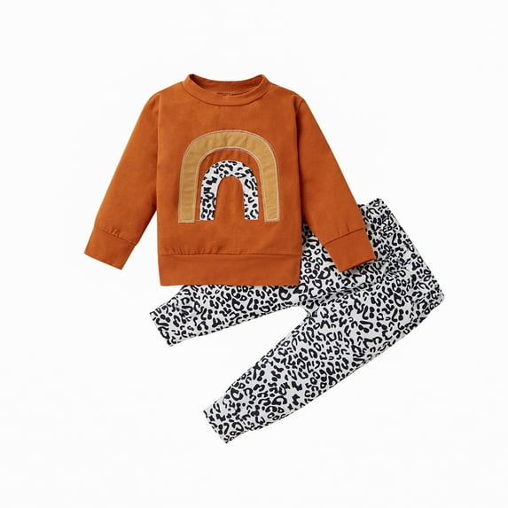 Kiapeise Baby Girl Fall Shirt, Pants Suit, Rainbow Printed Round Neck Long Sleeve Top, Girl Loose Jogger Leopard Trousers