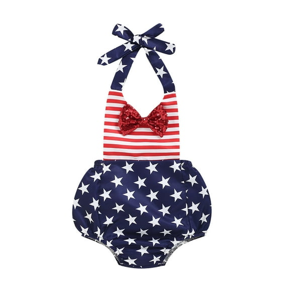 Kiapeise Baby Girl Jumpsuit Striped Star Print Sequin Bow Bandage Romper