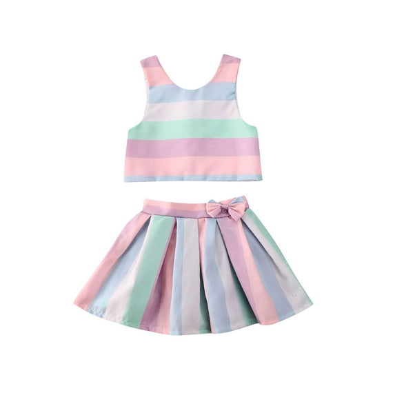 Kiapeise Baby Girl Pleated Skirt Sets, Striped Print Vest Tops + Tutu Skirts