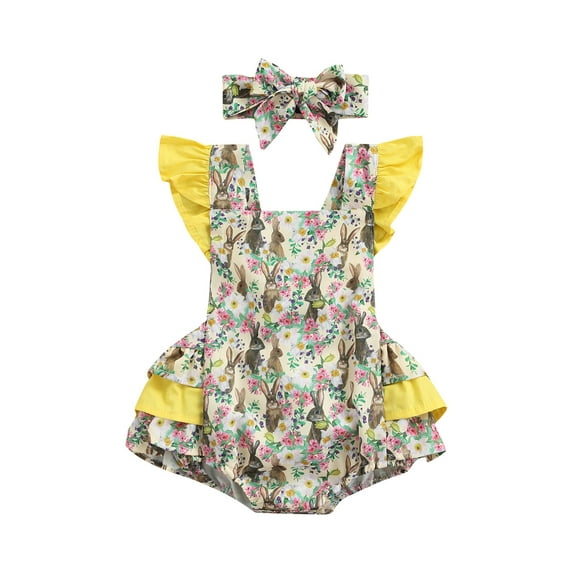 Kiapeise Baby Girl Ruffle Romper Sleeveless Floral Bodysuit Headbands Backless Tutu Overalls Newborn Infant One Piece Outfits