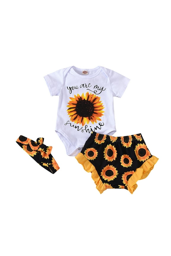 Baby Girl Summer Flower Outfits Set Short Sleeve Letter Romper Sunflower Shorts Infant Newborn 3pcs Headband Clothes