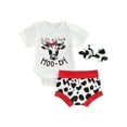 thumbnail image 1 of Kiapeise Baby Girl Summer Outfits Short Sleeve Cow Print Romper Bodysuit Tops Shorts Headband 3Pcs Clothes Set 0-24M, 1 of 8