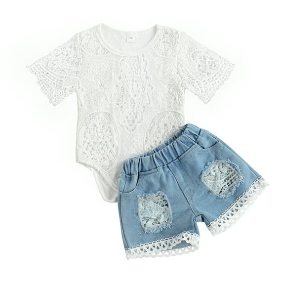 Kiapeise Baby Girl Summer Short Sleeve Lace Romper + Ripped Denim Shorts
