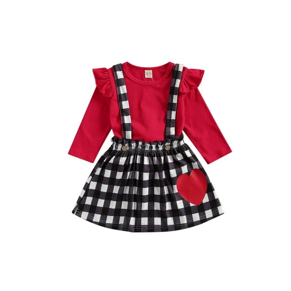 Kiapeise Baby Girl Tops, A-Line Skirt, Long Sleeve Ruffle Shoulder Shirts Patchwork Heart Suspender Half-Dress 2pcs Suit