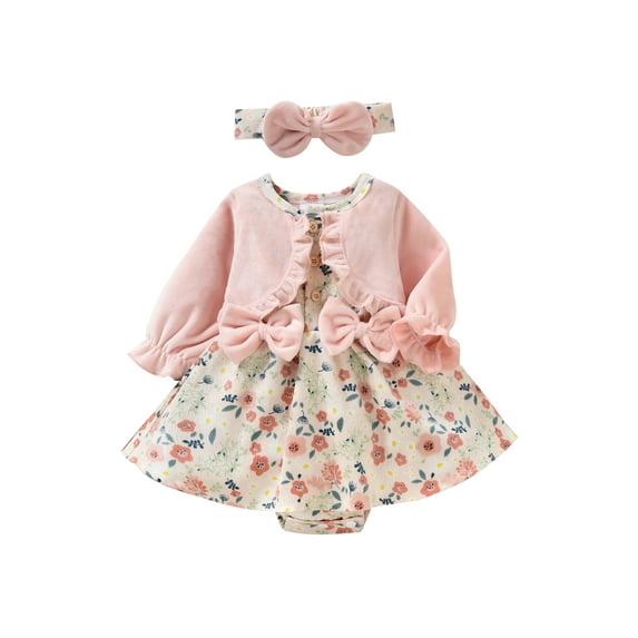 Kiapeise Baby Girl Warm Romper Outfits Floral Corduroy Velvet Patchwork Playsuit Headband